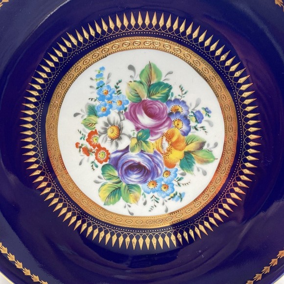 Roman Style Plate Blue With Pink Blue Yellow & More Florals  10.25” gold Trimmed - Picture 2 of 9